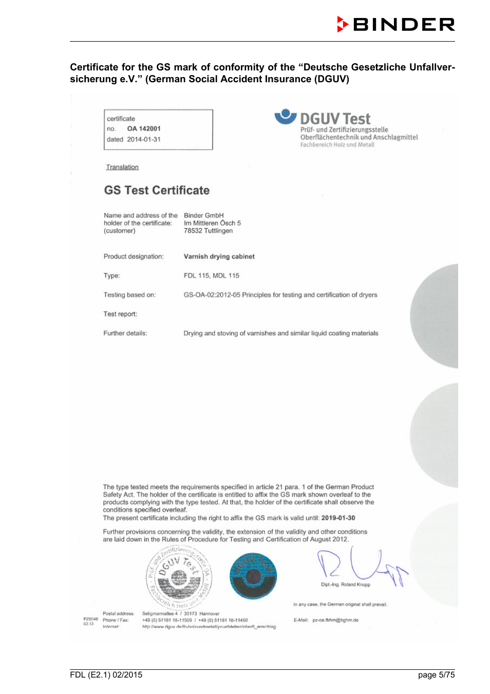 BINDER FDL 115 User Manual | Page 5 / 75