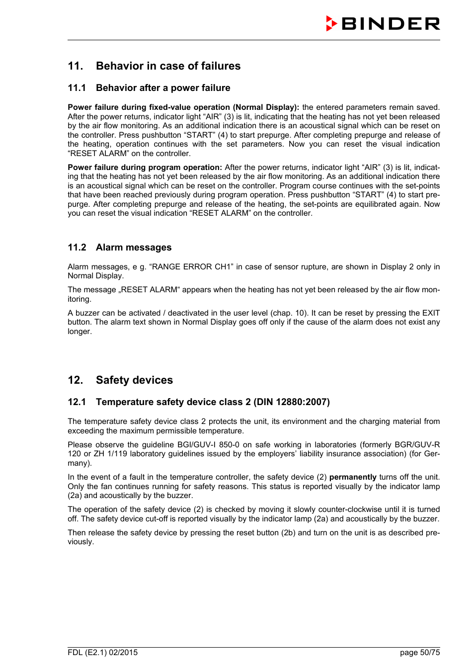 Behavior in case of failures, 1 behavior after a power failure, 2 alarm messages | Safety devices | BINDER FDL 115 User Manual | Page 50 / 75