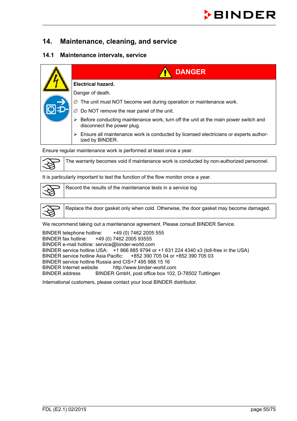 Maintenance, cleaning, and service, 1 maintenance intervals, service, Danger | BINDER FDL 115 User Manual | Page 55 / 75