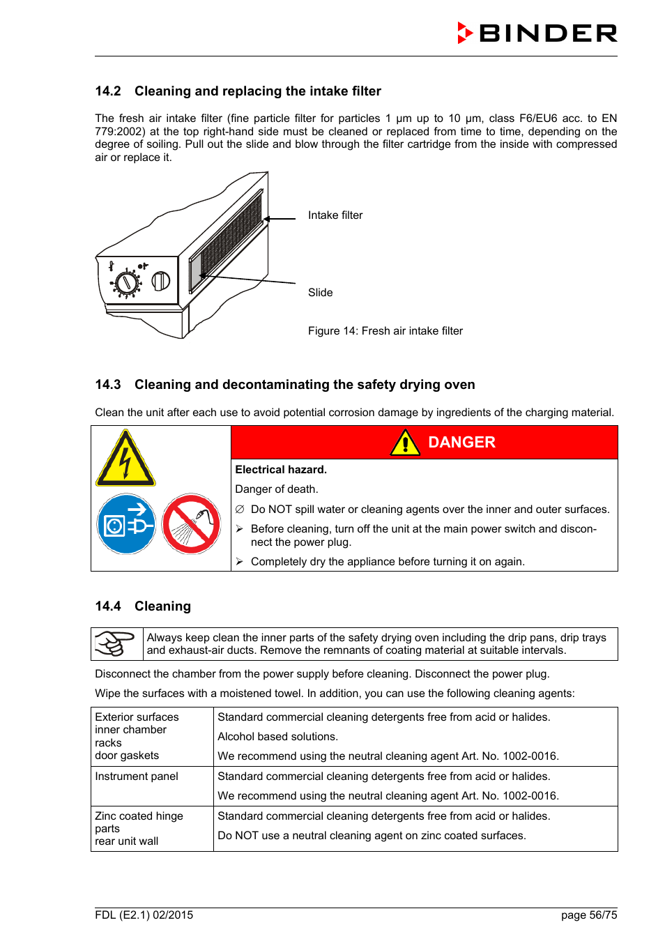 2 cleaning and replacing the intake filter, 4 cleaning, Danger | BINDER FDL 115 User Manual | Page 56 / 75