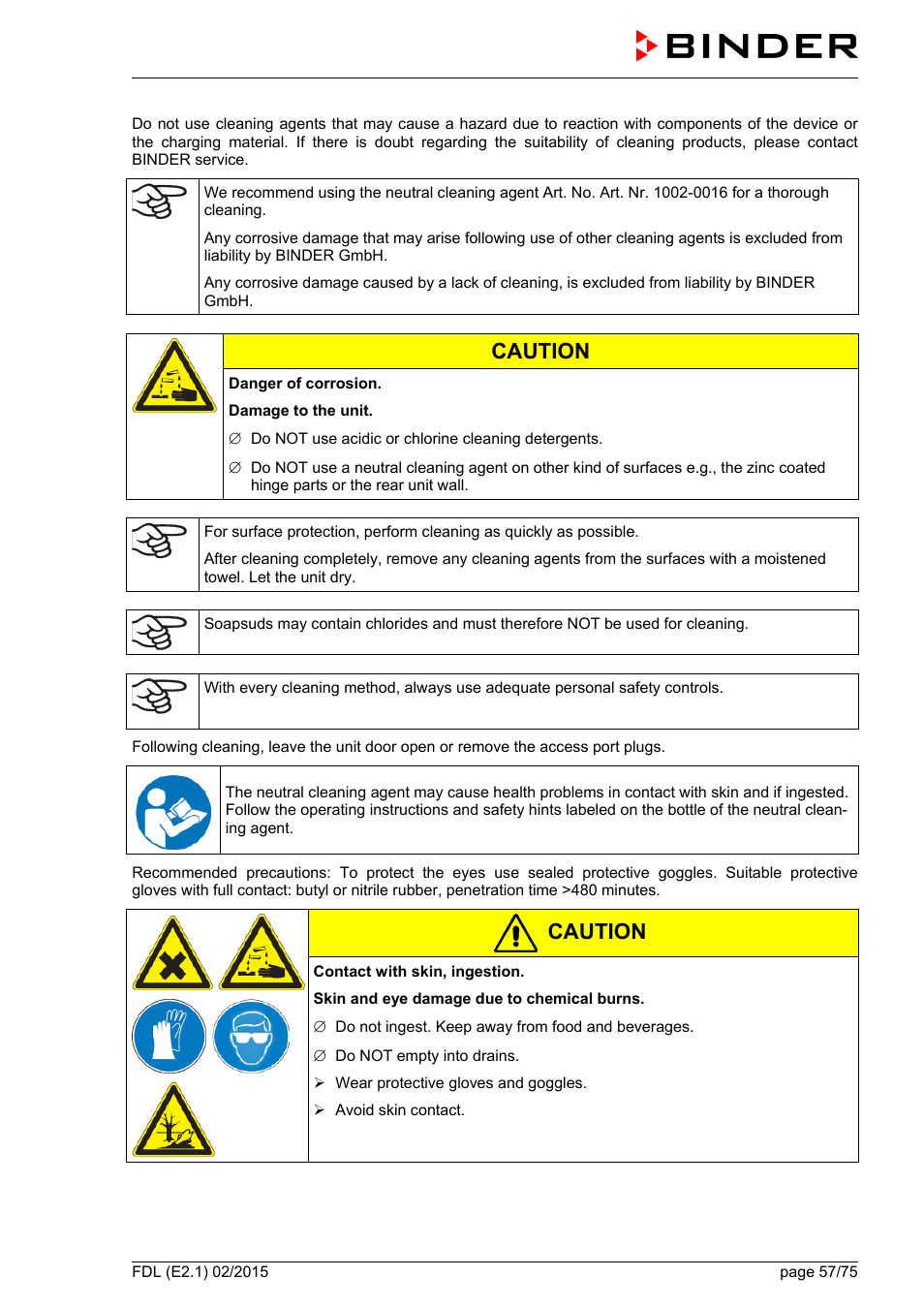 Caution | BINDER FDL 115 User Manual | Page 57 / 75