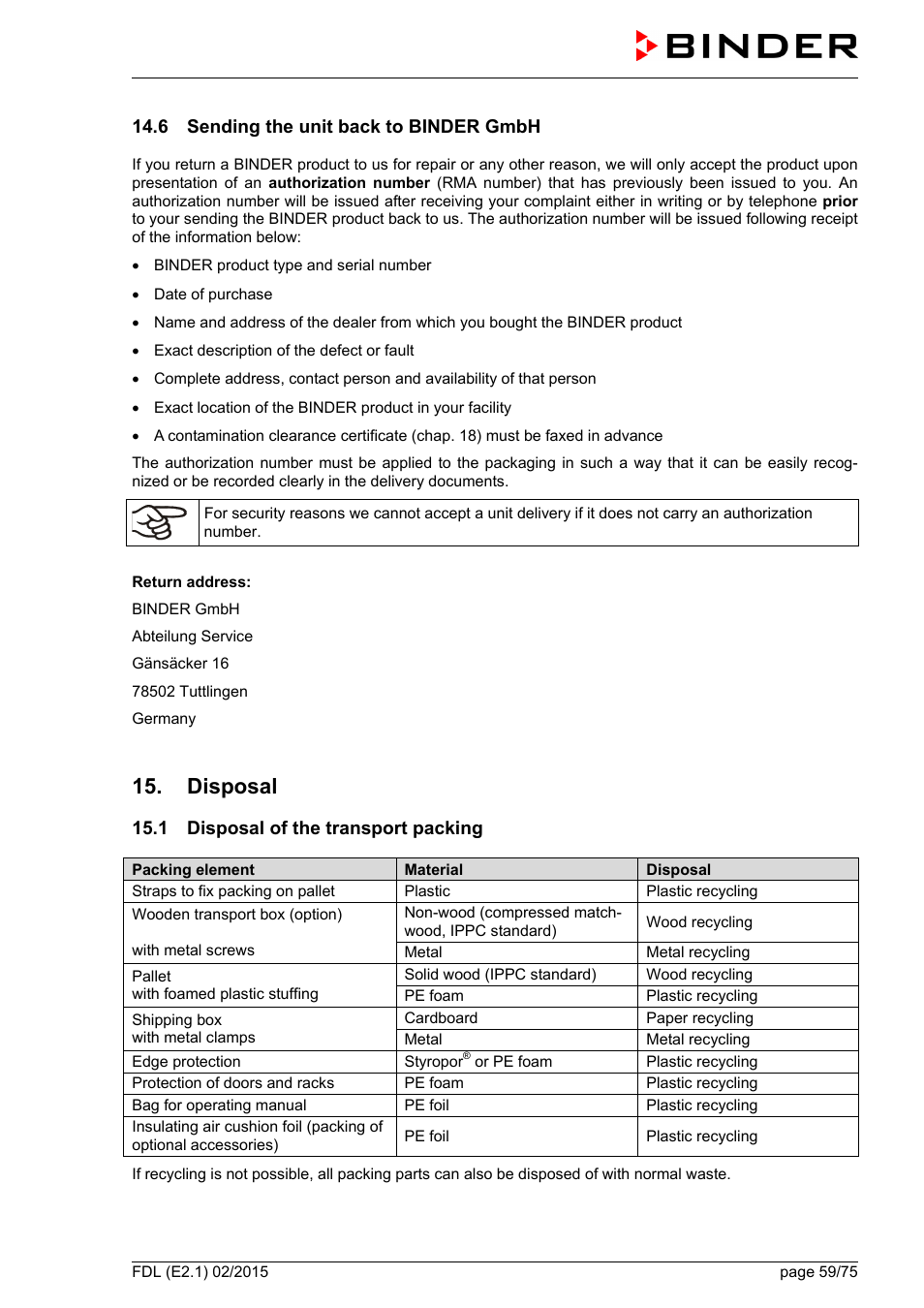 6 sending the unit back to binder gmbh, Disposal, 1 disposal of the transport packing | BINDER FDL 115 User Manual | Page 59 / 75