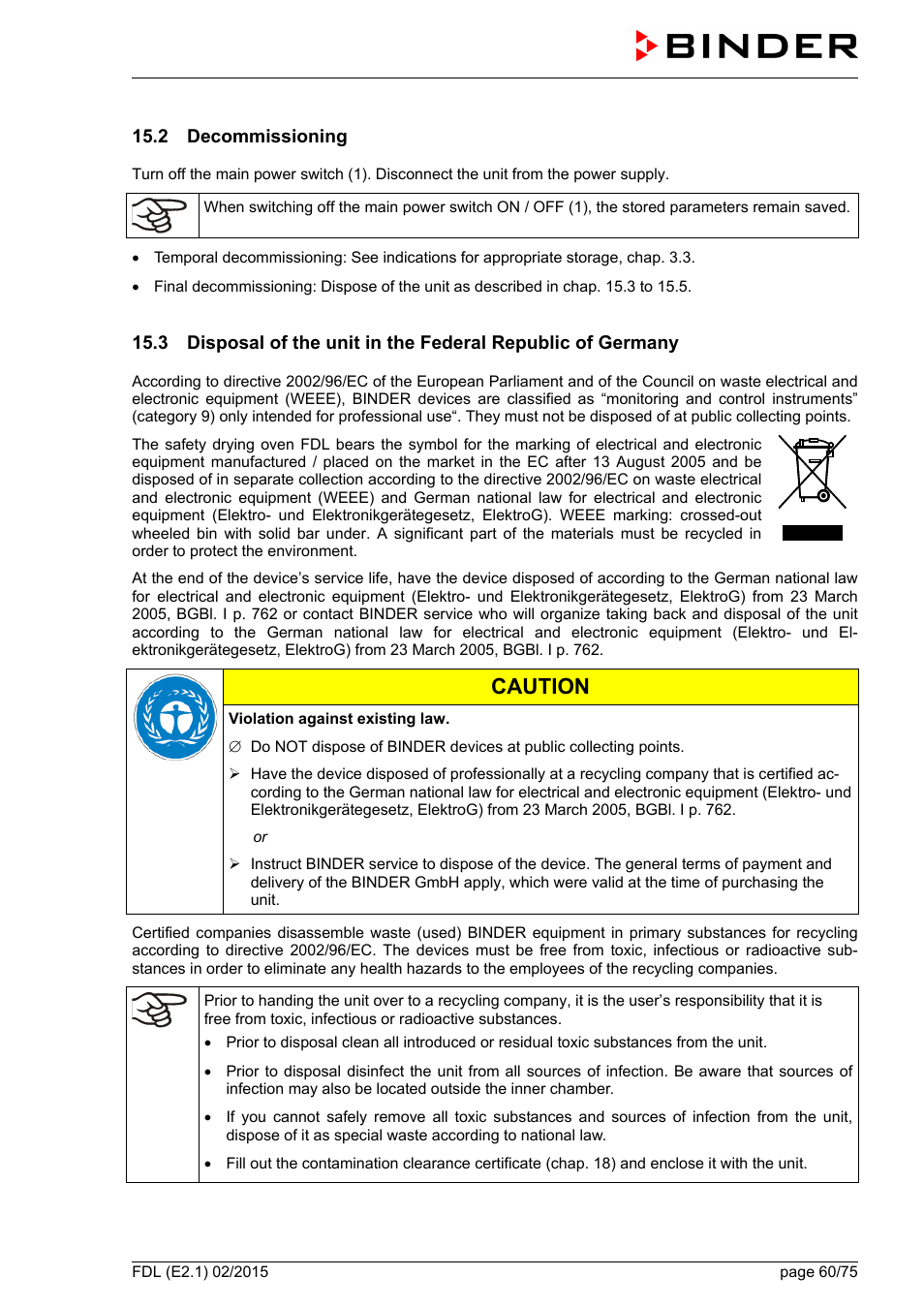 2 decommissioning, Caution | BINDER FDL 115 User Manual | Page 60 / 75