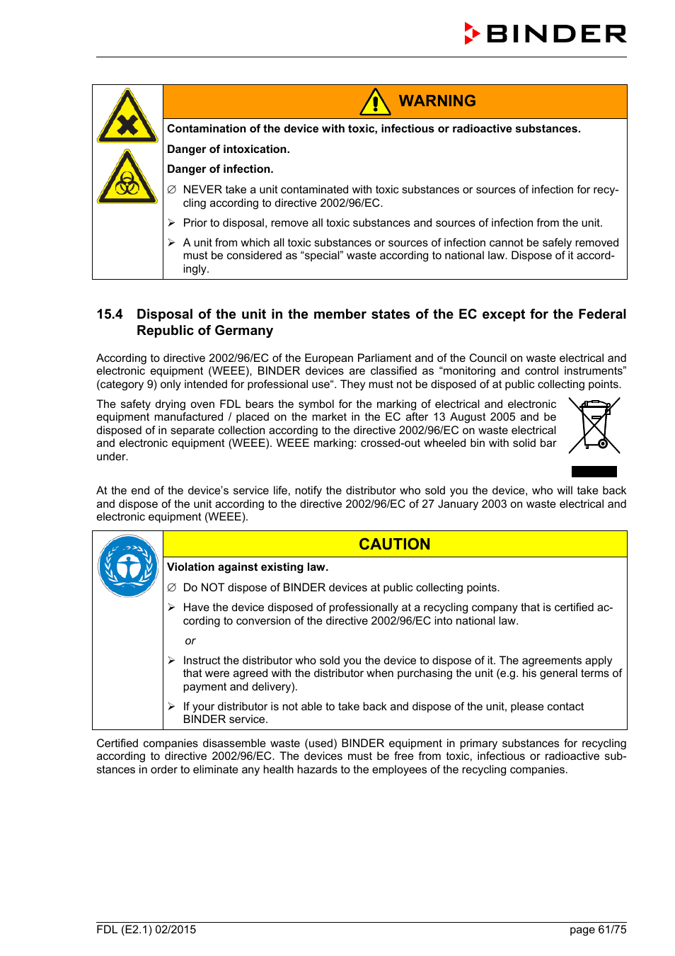 Warning, Caution | BINDER FDL 115 User Manual | Page 61 / 75