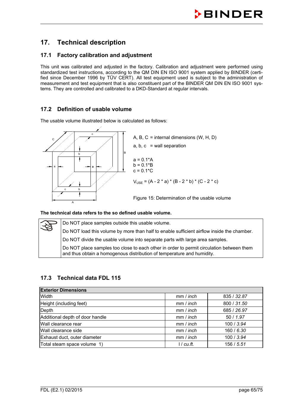 Technical description, 1 factory calibration and adjustment, 2 definition of usable volume | 3 technical data fdl 115 | BINDER FDL 115 User Manual | Page 65 / 75