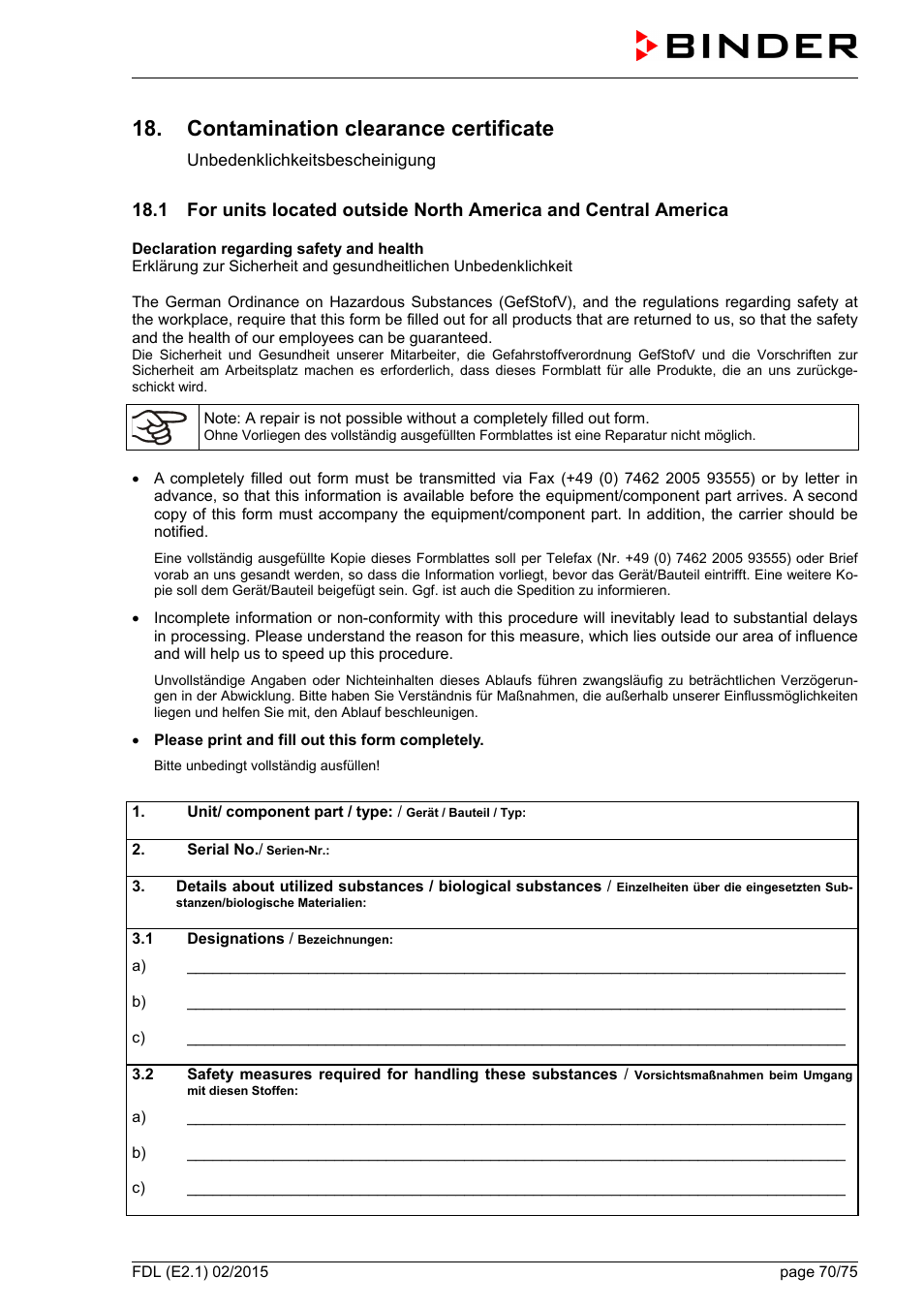 Contamination clearance certificate, Ole_link1 | BINDER FDL 115 User Manual | Page 70 / 75