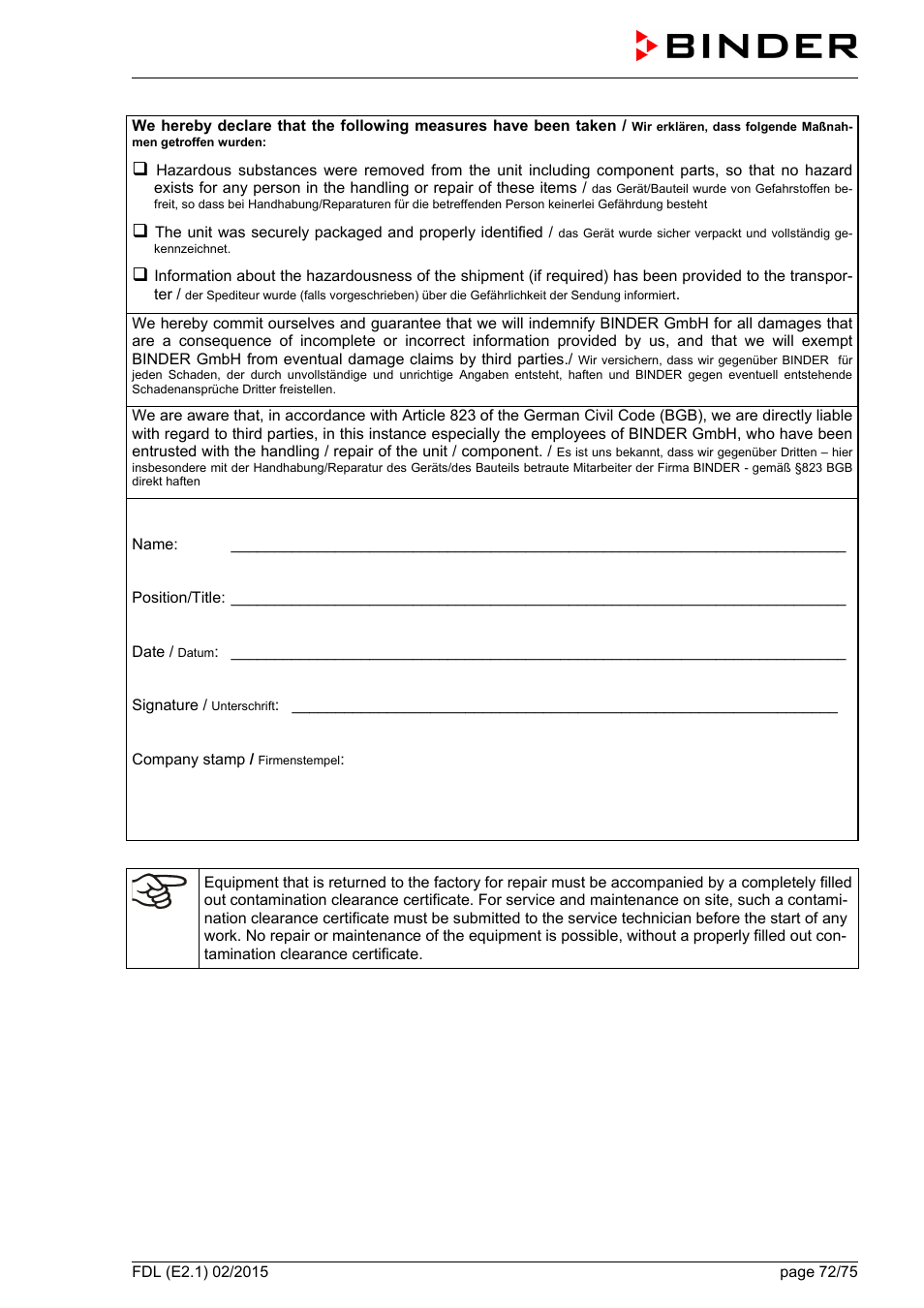 BINDER FDL 115 User Manual | Page 72 / 75