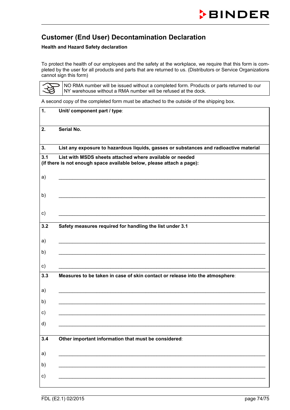 Customer (end user) decontamination declaration | BINDER FDL 115 User Manual | Page 74 / 75