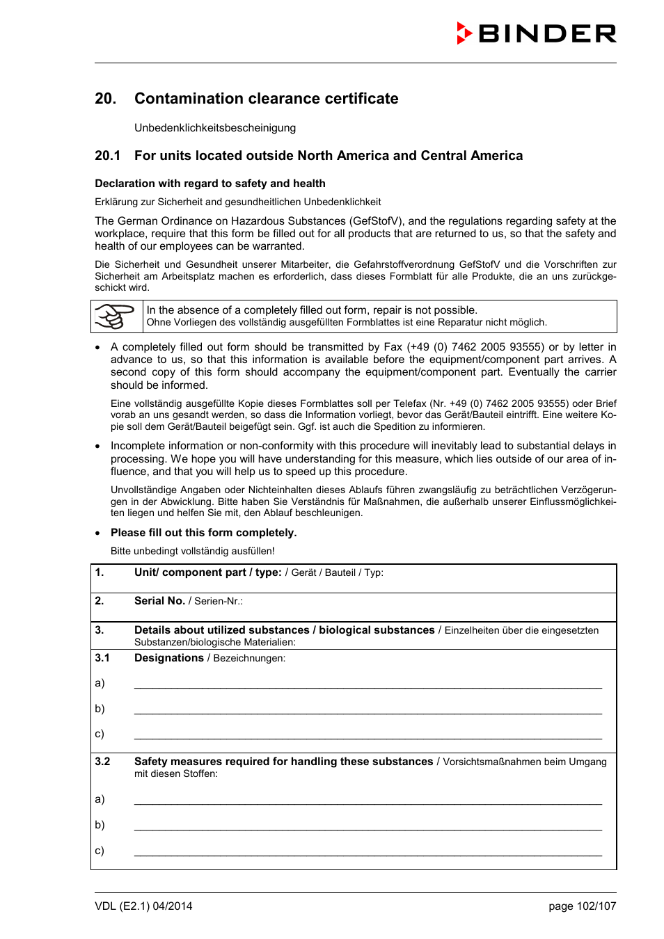 Contamination clearance certificate | BINDER VD 23 User Manual | Page 102 / 107