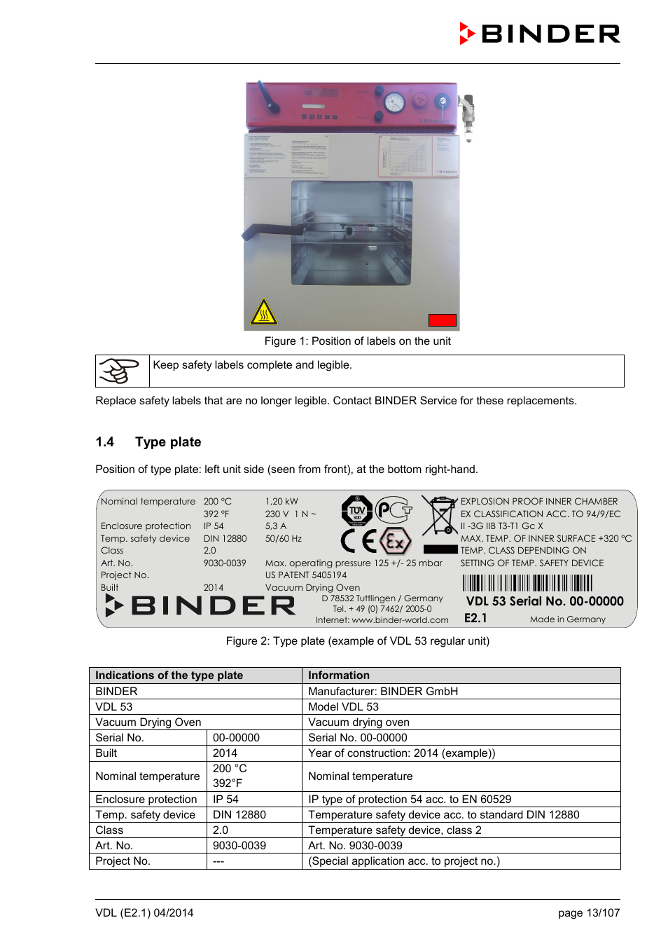 4 type plate | BINDER VD 23 User Manual | Page 13 / 107