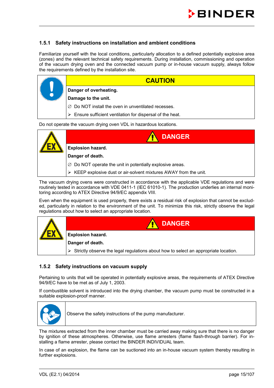 2 safety instructions on vacuum supply, Caution, Danger | BINDER VD 23 User Manual | Page 15 / 107