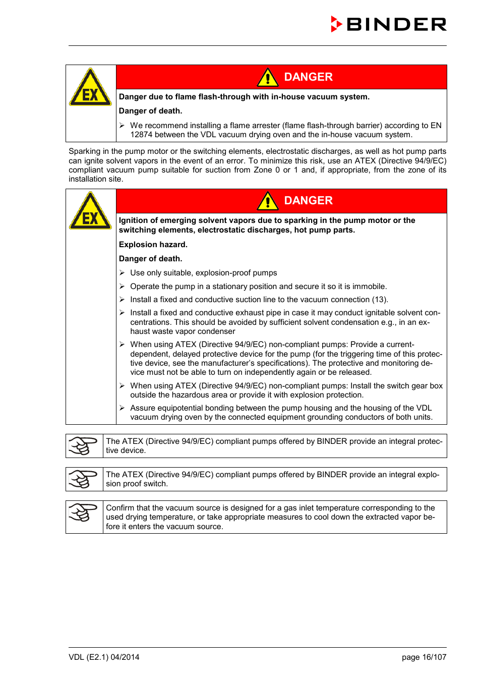 Danger | BINDER VD 23 User Manual | Page 16 / 107
