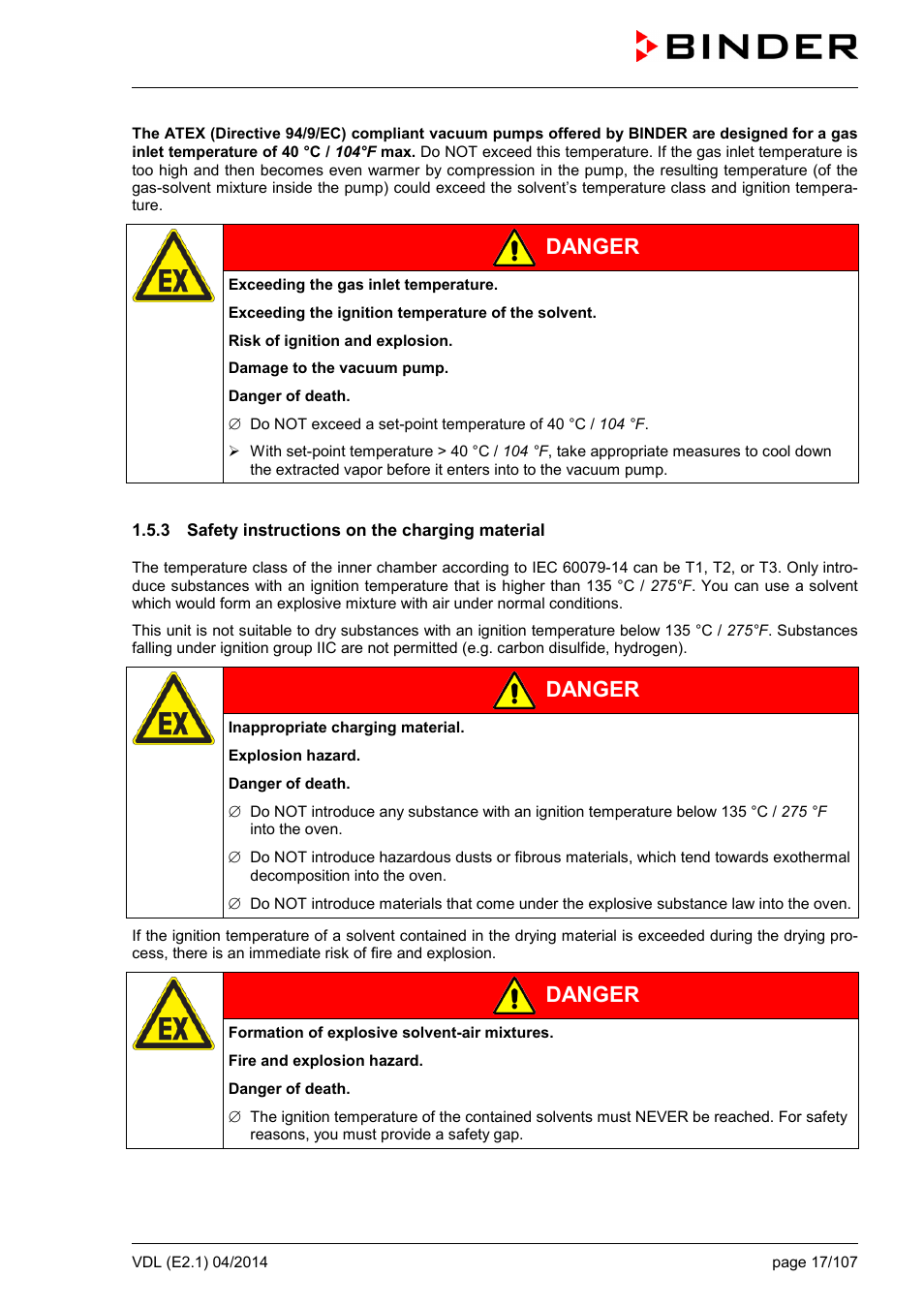 3 safety instructions on the charging material, Danger | BINDER VD 23 User Manual | Page 17 / 107