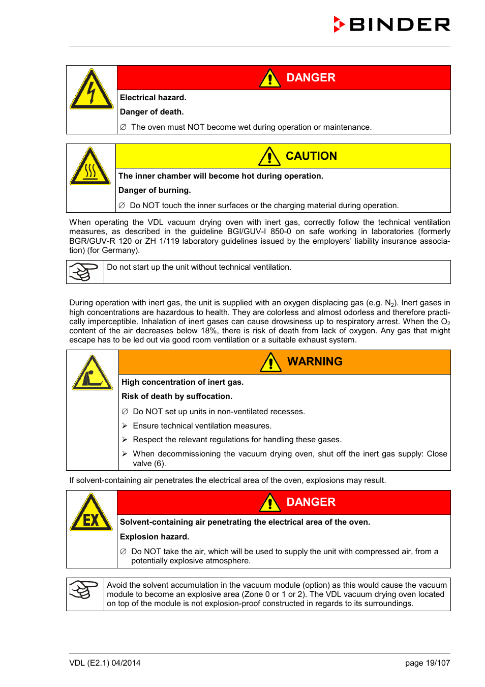 Danger, Caution, Warning | BINDER VD 23 User Manual | Page 19 / 107