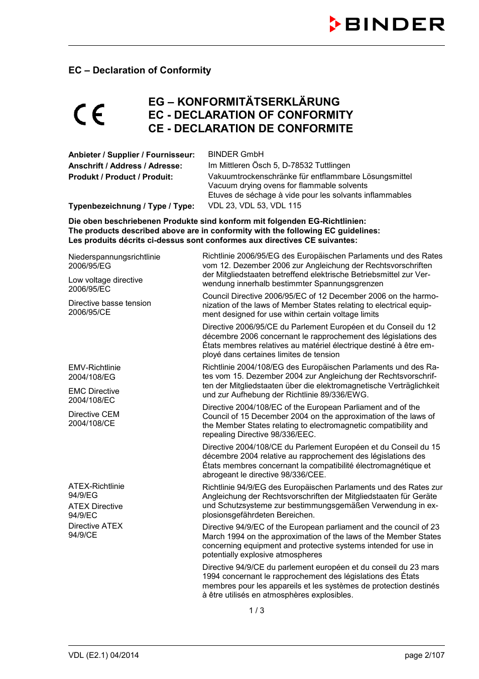 Ec – declaration of conformity | BINDER VD 23 User Manual | Page 2 / 107