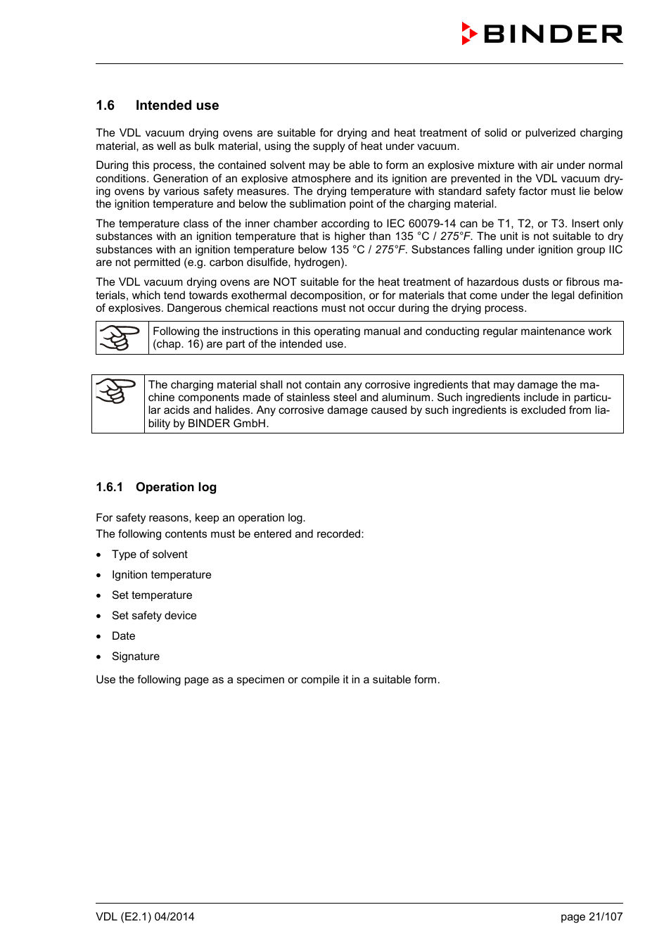 6 intended use, 1 operation log | BINDER VD 23 User Manual | Page 21 / 107