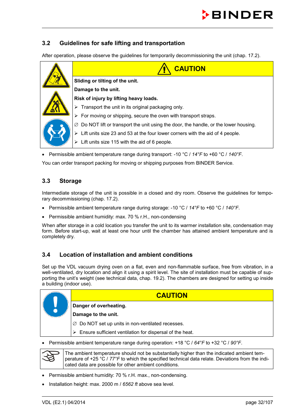 2 guidelines for safe lifting and transportation, 3 storage, 4 location of installation and ambient conditions | Caution | BINDER VD 23 User Manual | Page 32 / 107