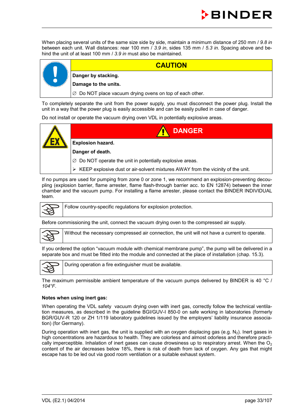 Caution, Danger | BINDER VD 23 User Manual | Page 33 / 107