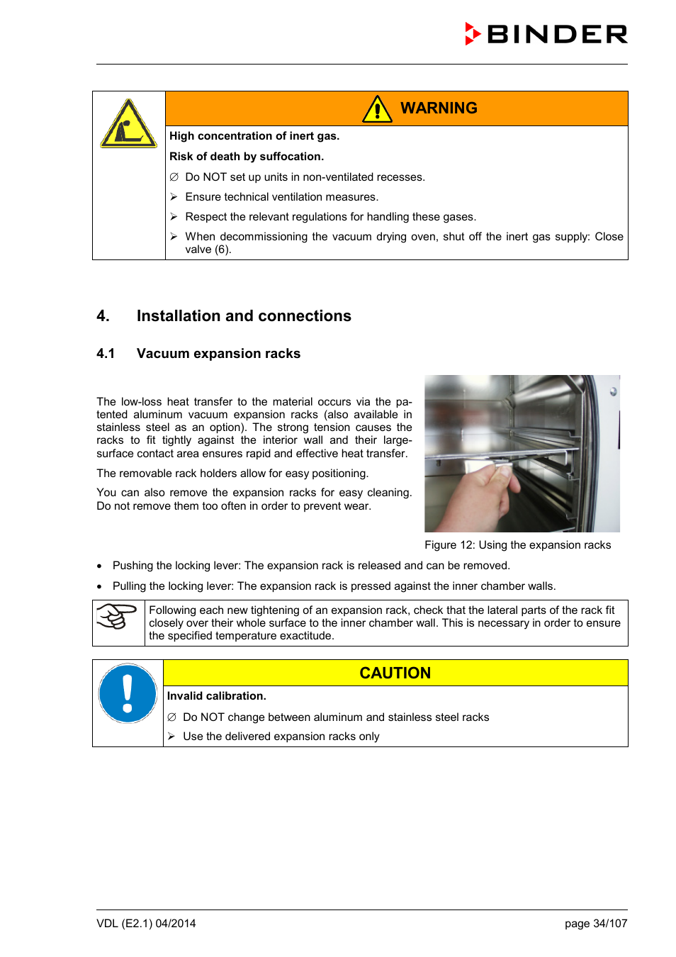 Installation and connections, 1 vacuum expansion racks, Warning | Caution | BINDER VD 23 User Manual | Page 34 / 107