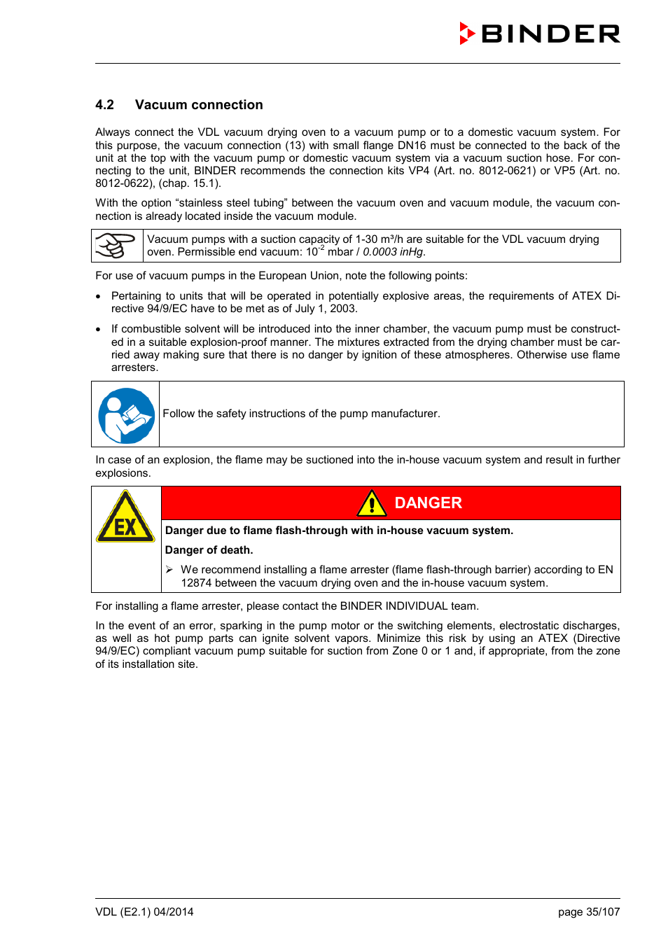 2 vacuum connection, Danger | BINDER VD 23 User Manual | Page 35 / 107