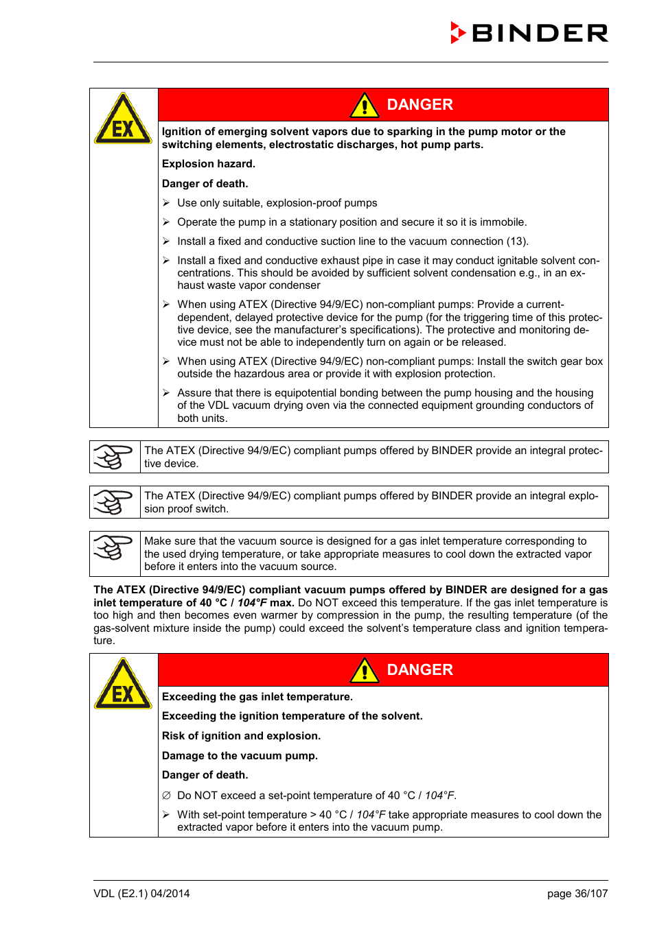 Danger | BINDER VD 23 User Manual | Page 36 / 107