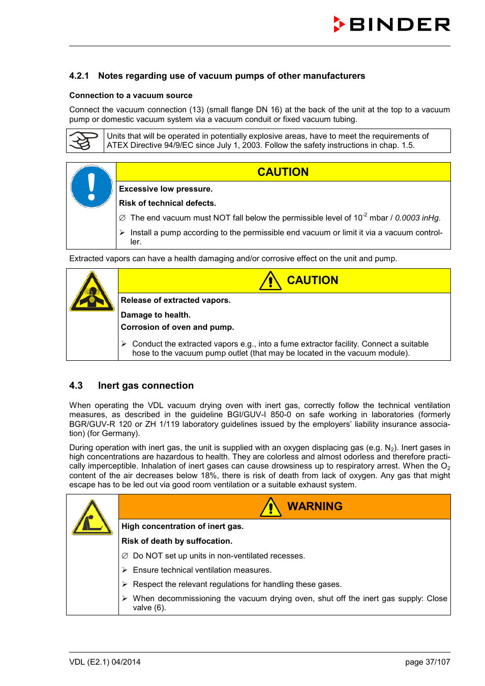 3 inert gas connection, Caution, Warning | BINDER VD 23 User Manual | Page 37 / 107