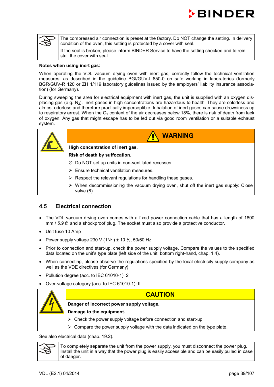 5 electrical connection, Warning, Caution | BINDER VD 23 User Manual | Page 39 / 107