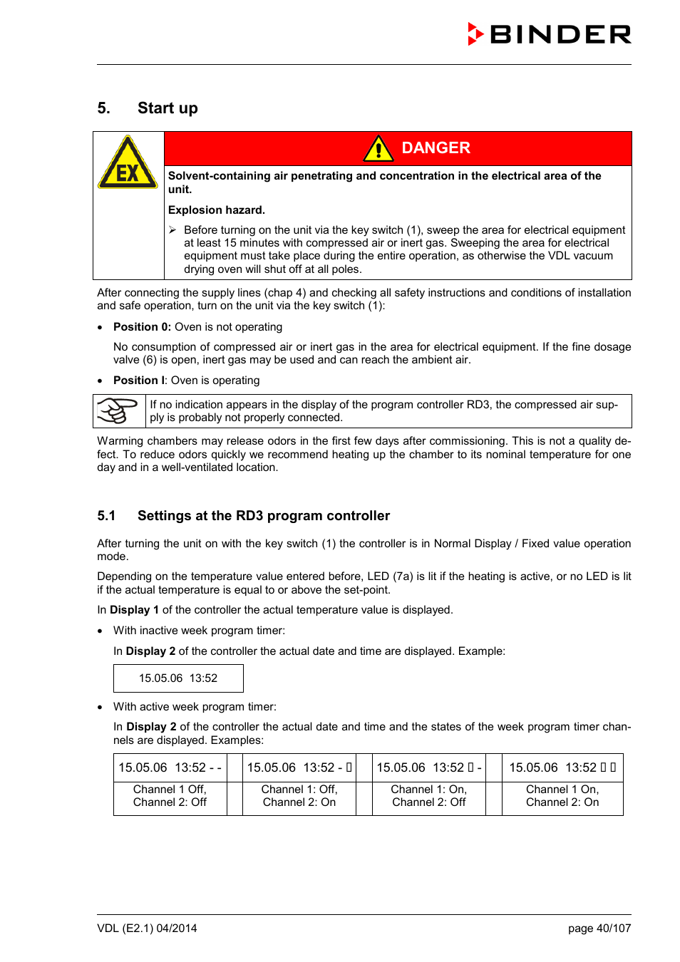 Start up, 1 settings at the rd3 program controller, Danger | BINDER VD 23 User Manual | Page 40 / 107