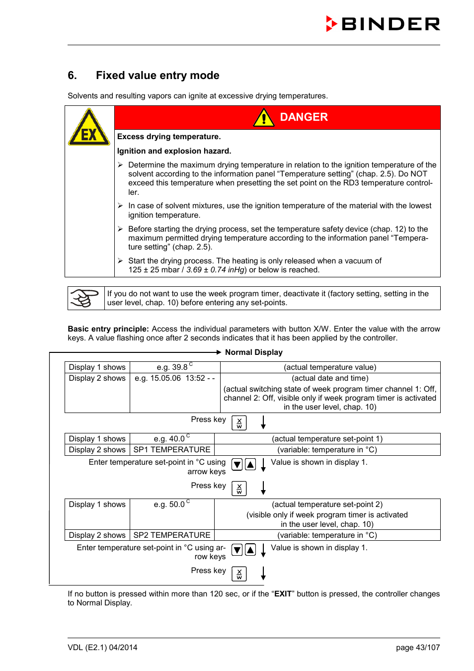 Fixed value entry mode, Danger | BINDER VD 23 User Manual | Page 43 / 107