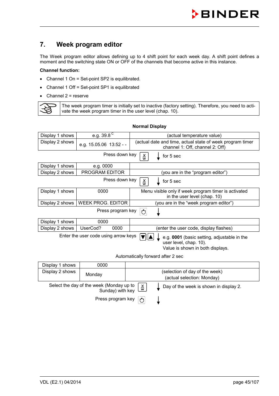 Week program editor | BINDER VD 23 User Manual | Page 45 / 107
