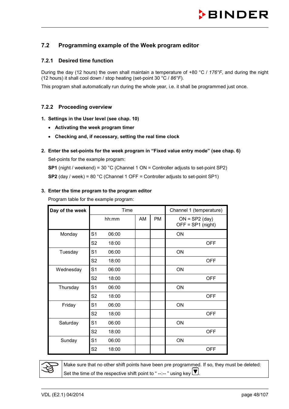 2 programming example of the week program editor, 1 desired time function, 2 proceeding overview | BINDER VD 23 User Manual | Page 48 / 107