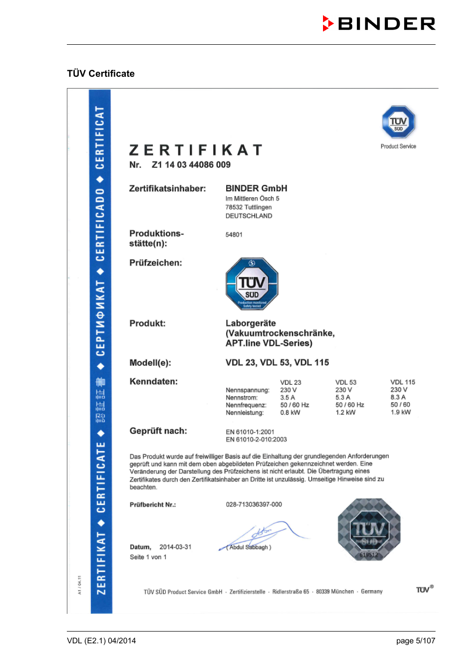 Tüv certificate | BINDER VD 23 User Manual | Page 5 / 107