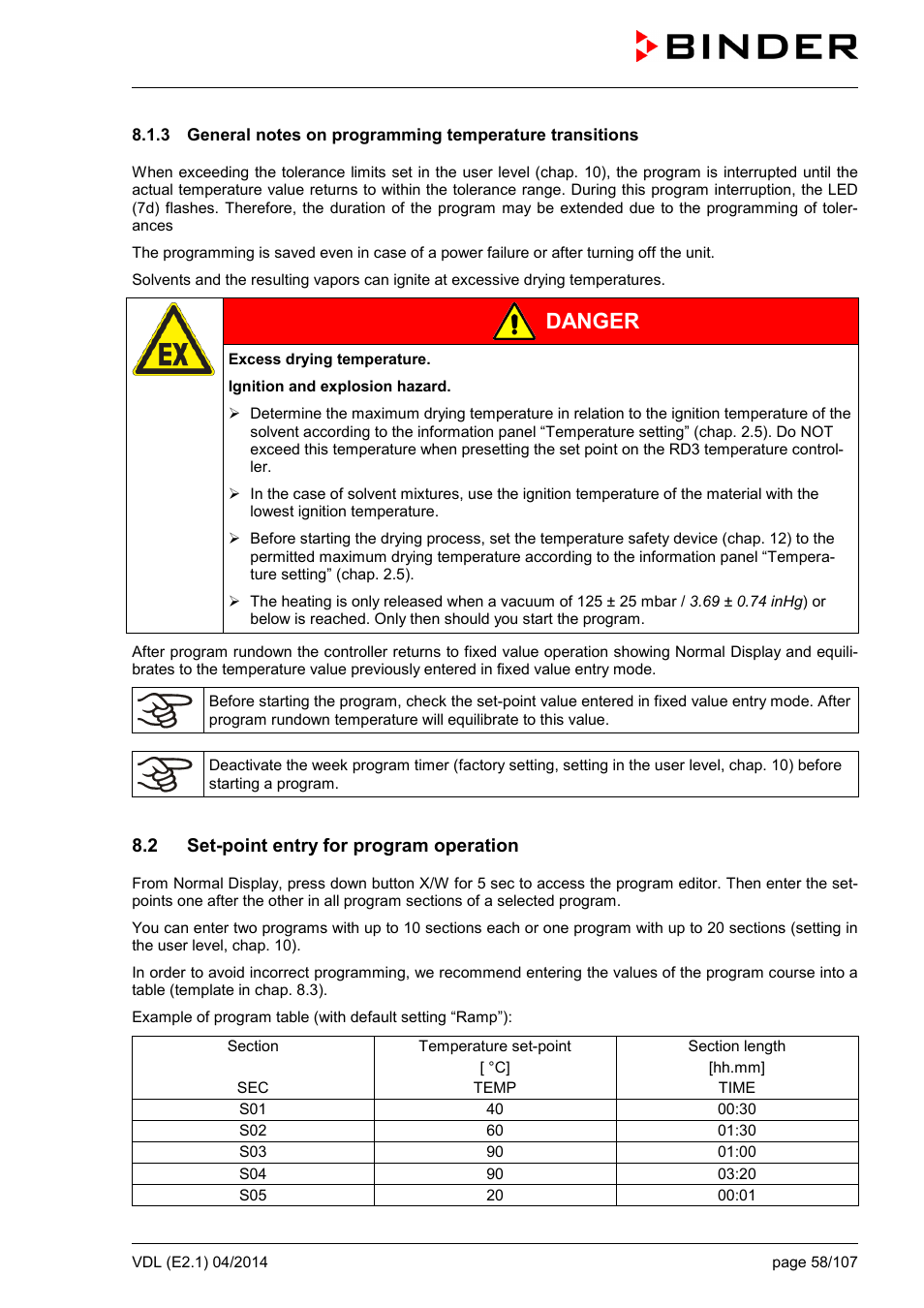 2 set-point entry for program operation, Danger | BINDER VD 23 User Manual | Page 58 / 107