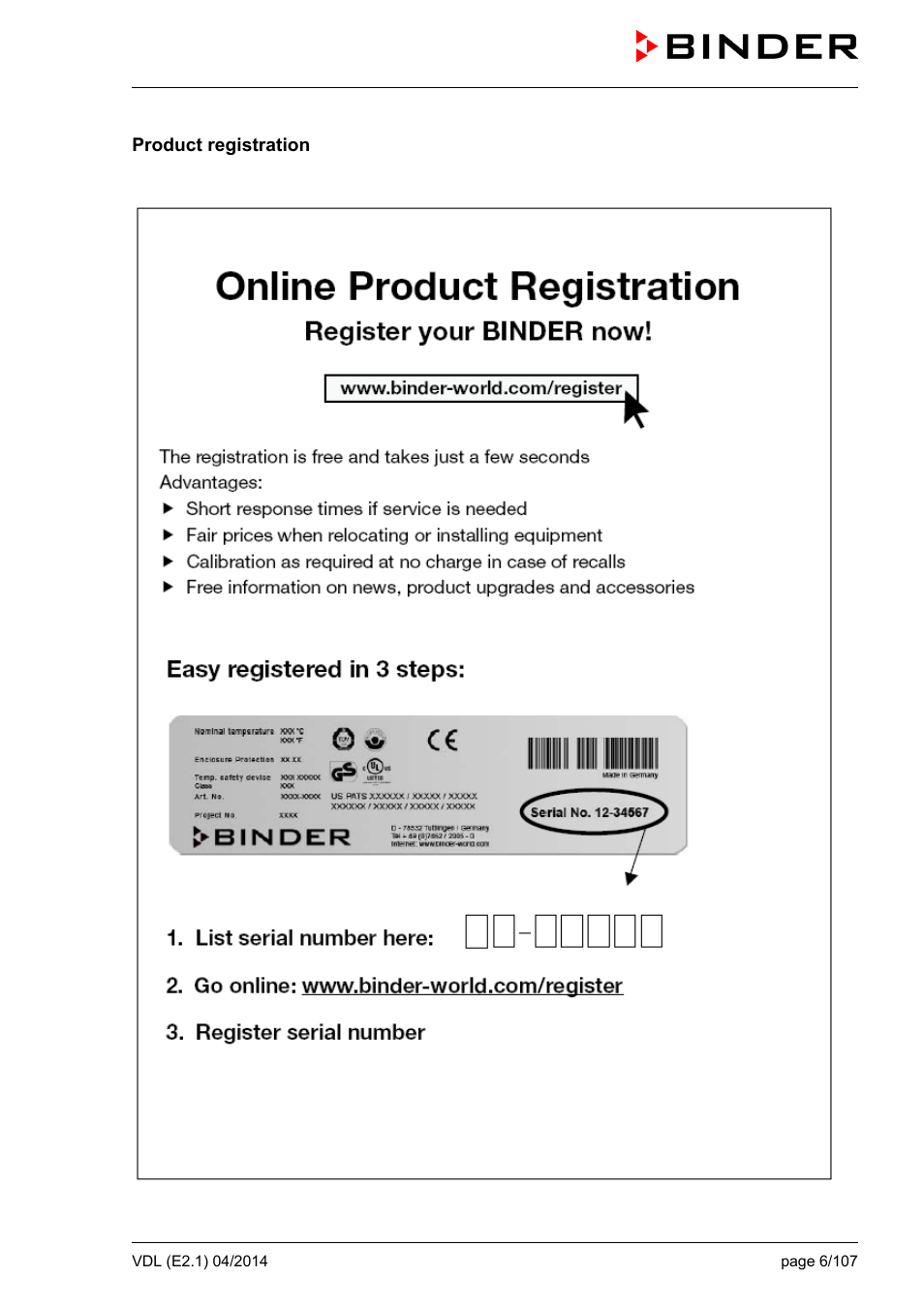 Product registration | BINDER VD 23 User Manual | Page 6 / 107