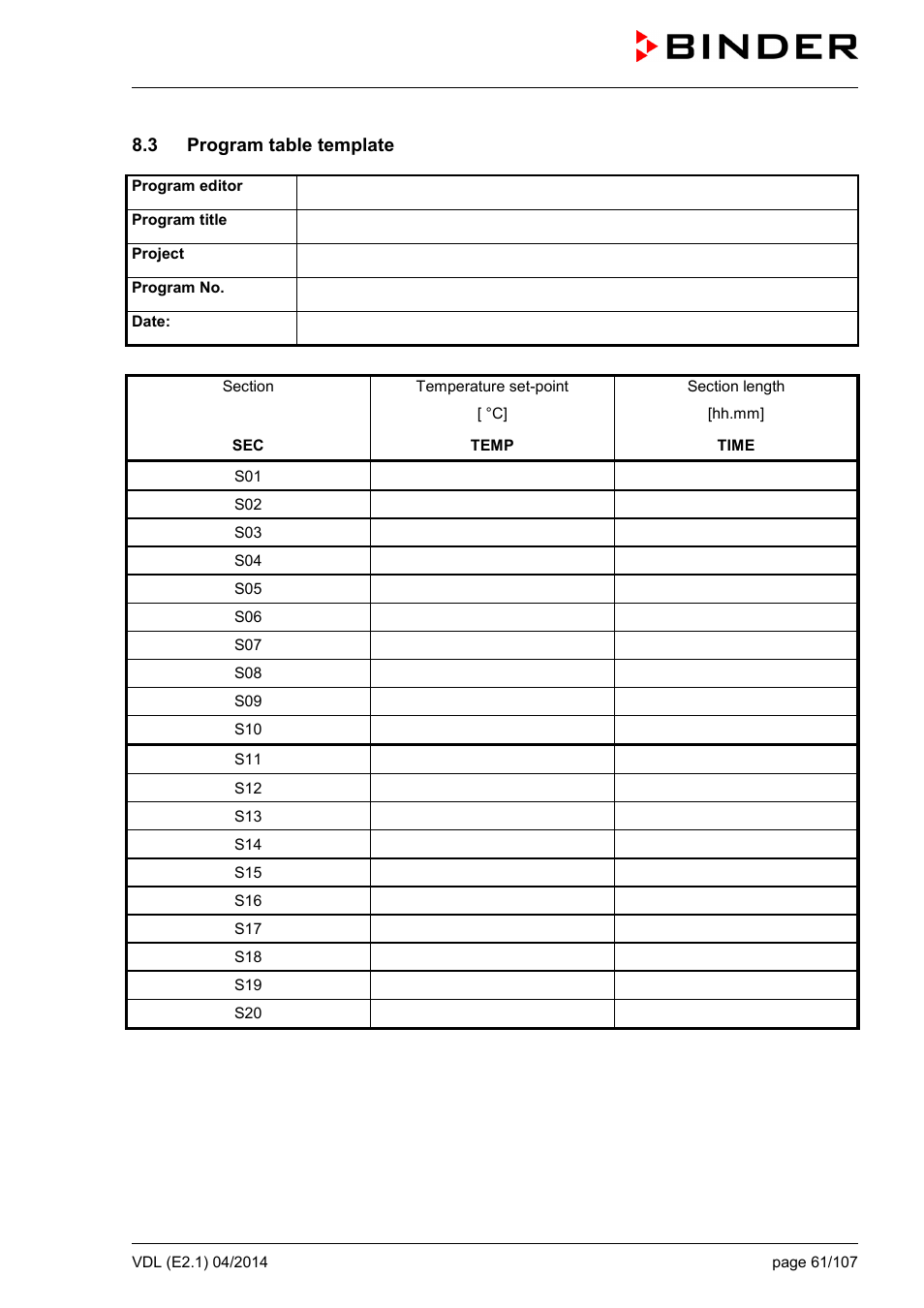 3 program table template | BINDER VD 23 User Manual | Page 61 / 107