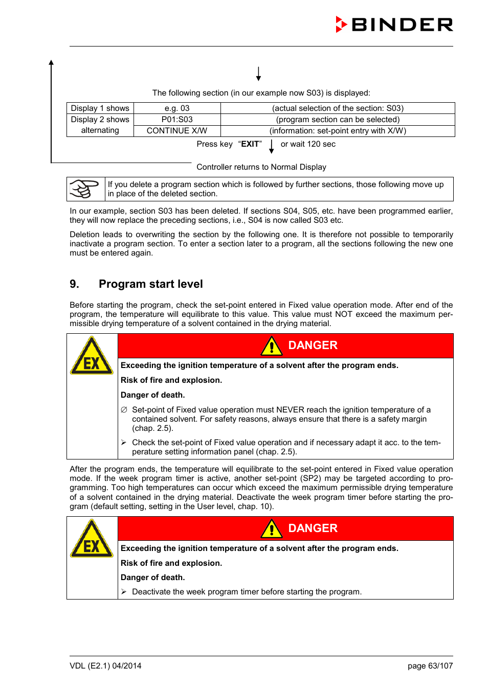Program start level, Danger | BINDER VD 23 User Manual | Page 63 / 107