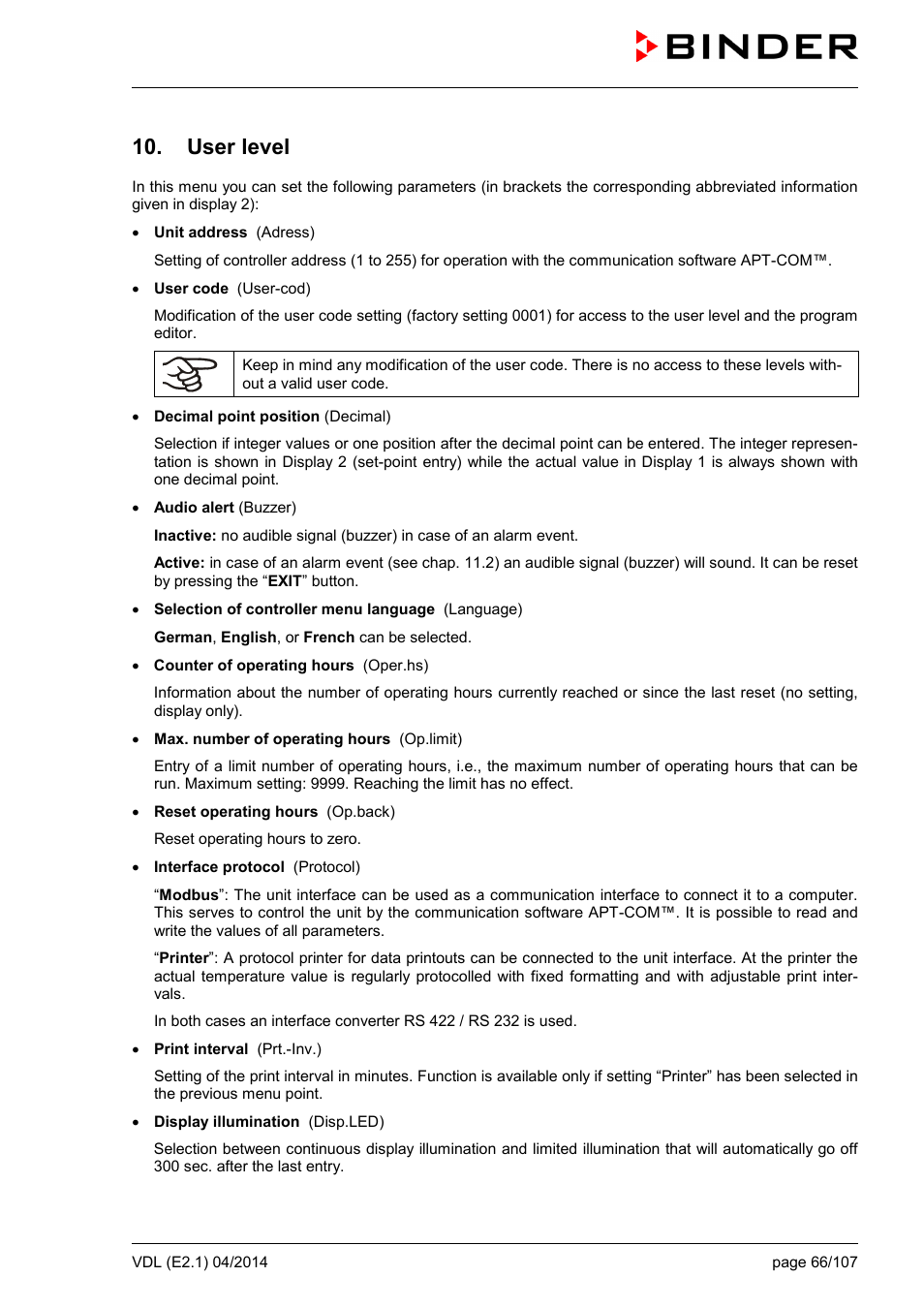 User level | BINDER VD 23 User Manual | Page 66 / 107