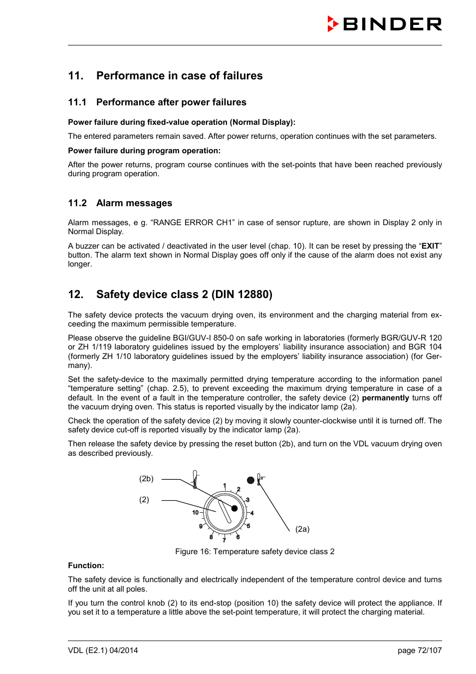 Performance in case of failures, 1 performance after power failures, 2 alarm messages | Safety device class 2 (din 12880) | BINDER VD 23 User Manual | Page 72 / 107