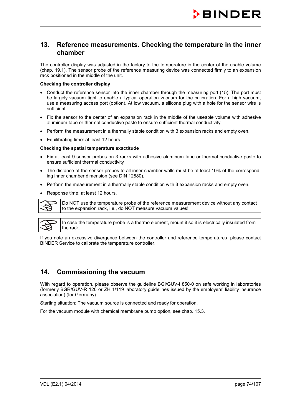 Commissioning the vacuum | BINDER VD 23 User Manual | Page 74 / 107