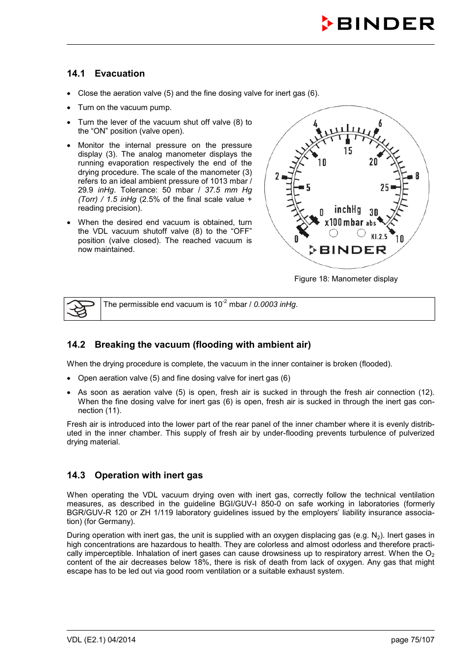 1 evacuation, 2 breaking the vacuum (flooding with ambient air), 3 operation with inert gas | BINDER VD 23 User Manual | Page 75 / 107