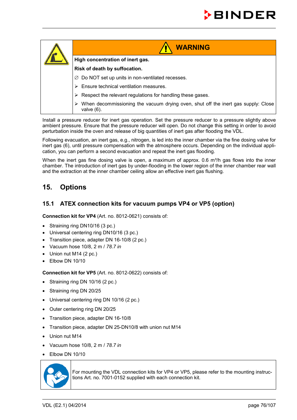 Options, Warning | BINDER VD 23 User Manual | Page 76 / 107