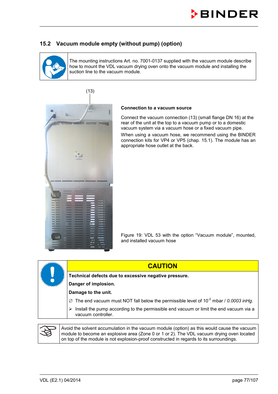 2 vacuum module empty (without pump) (option), Caution | BINDER VD 23 User Manual | Page 77 / 107