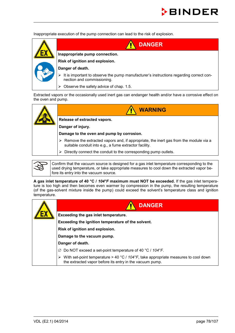 Danger, Warning | BINDER VD 23 User Manual | Page 78 / 107