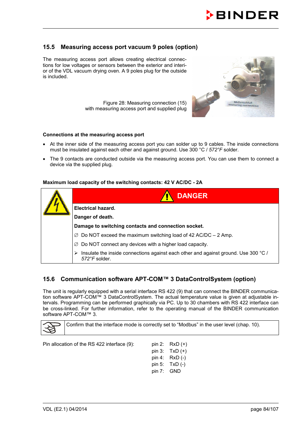 5 measuring access port vacuum 9 poles (option), Danger | BINDER VD 23 User Manual | Page 84 / 107