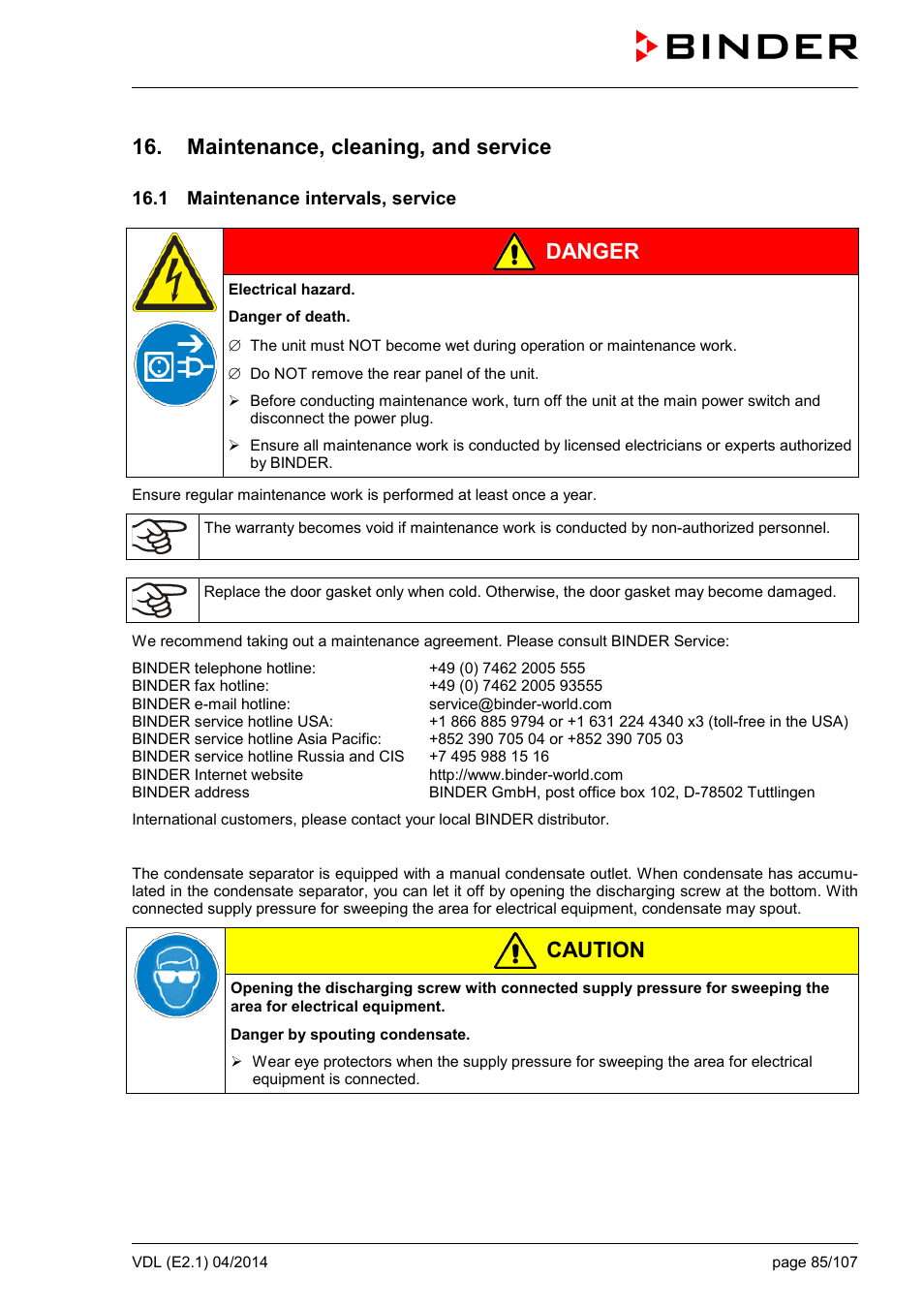 Maintenance, cleaning, and service, 1 maintenance intervals, service, Danger | Caution | BINDER VD 23 User Manual | Page 85 / 107