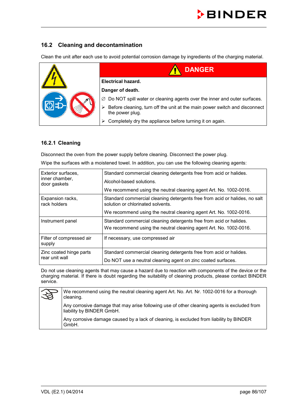 2 cleaning and decontamination, 1 cleaning, Danger | BINDER VD 23 User Manual | Page 86 / 107