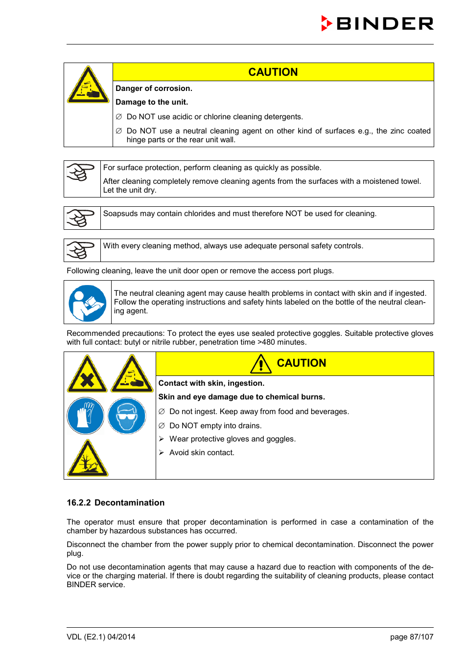 2 decontamination, Caution | BINDER VD 23 User Manual | Page 87 / 107