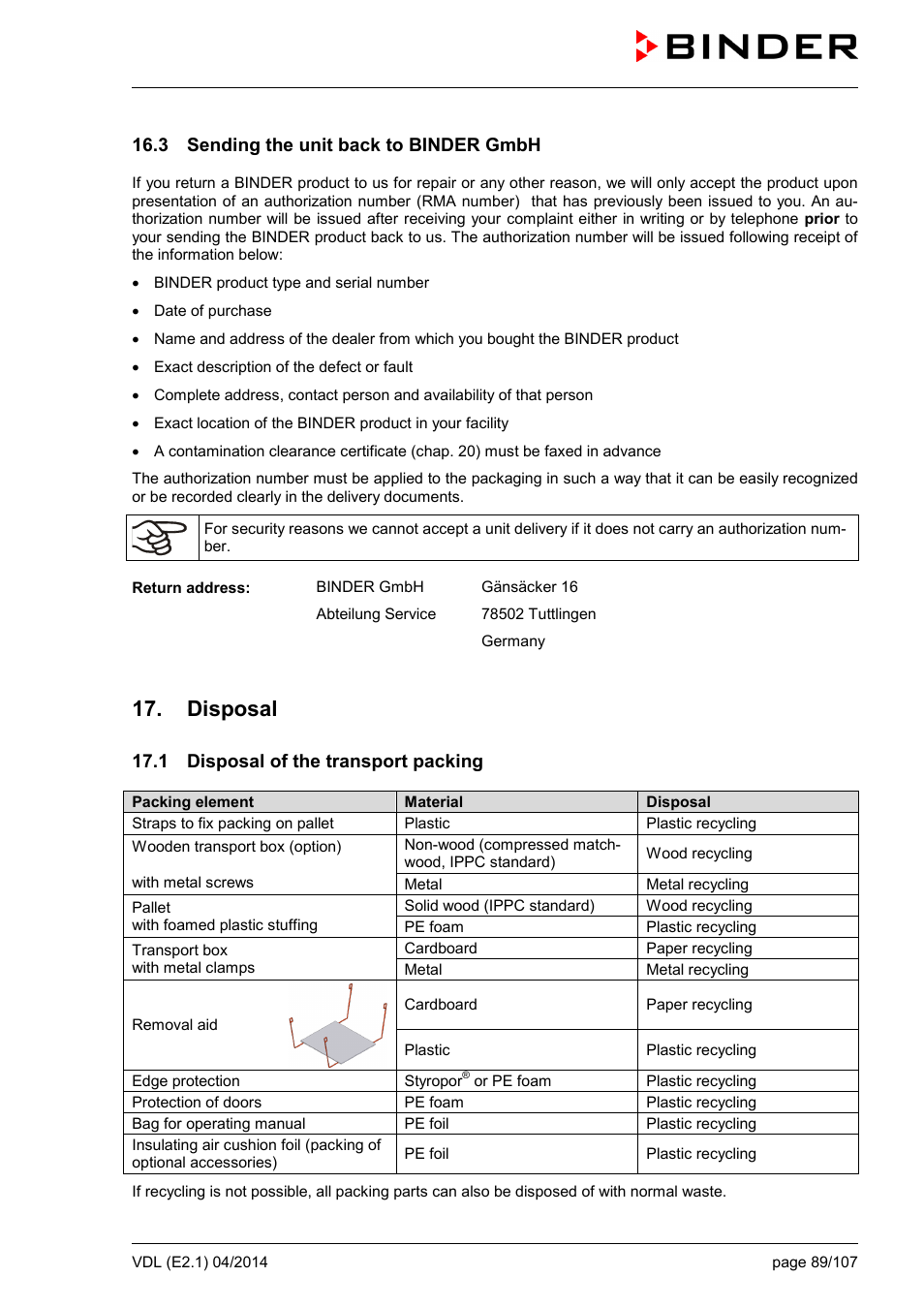 3 sending the unit back to binder gmbh, Disposal, 1 disposal of the transport packing | BINDER VD 23 User Manual | Page 89 / 107