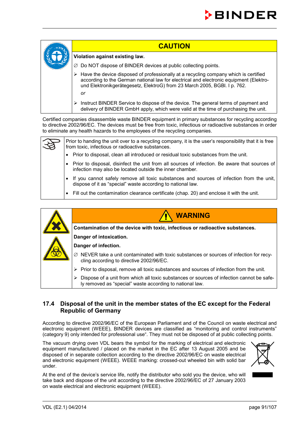Caution, Warning | BINDER VD 23 User Manual | Page 91 / 107