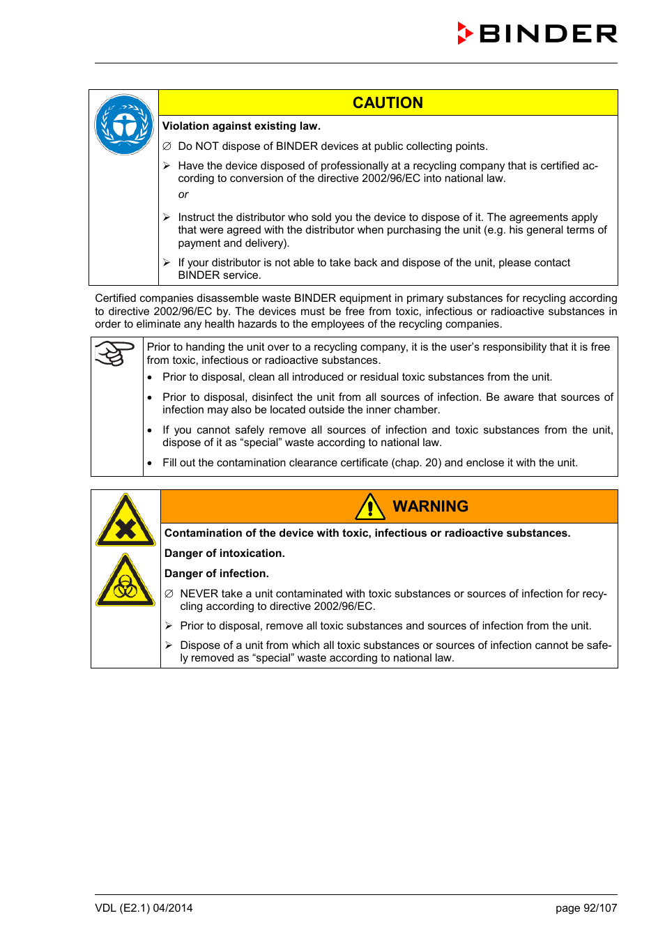 Caution, Warning | BINDER VD 23 User Manual | Page 92 / 107